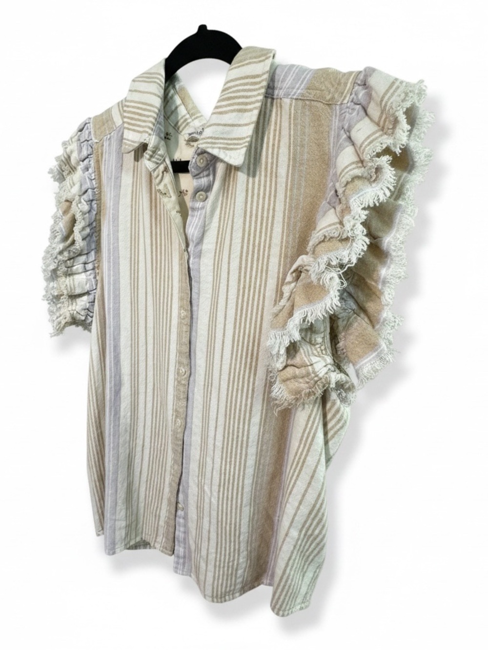 Given Kale Striped Ruffle Sleeve Button Front Boho Top Neutral Cottagecore